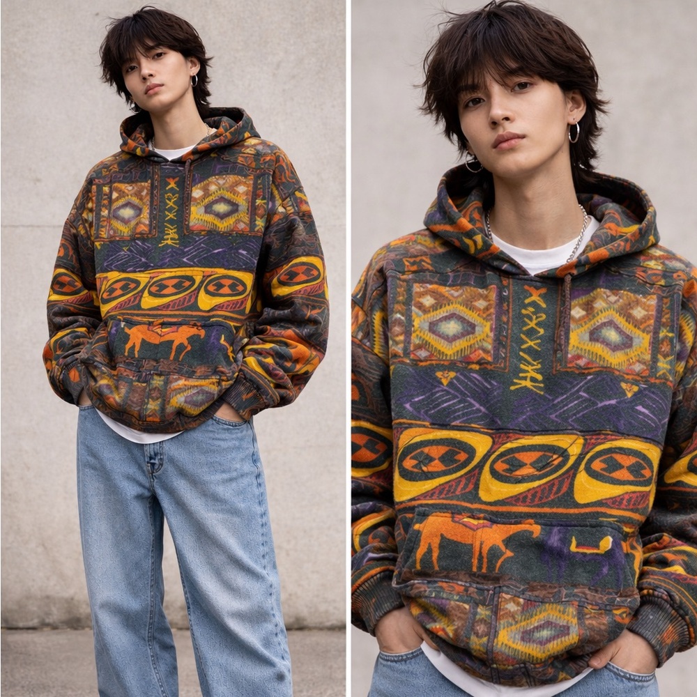 Vintage‎ 90s DORY USA All Over Print Animal  Aztec AOP Hoodie Jacket  USA